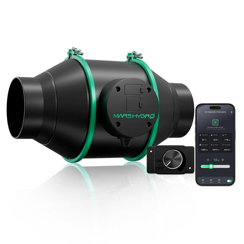 Mars Hydro iFresh 4" Inline Duct Fan Black and green hydroponic system with smartphone app on a white background
