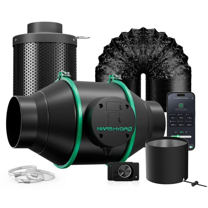 Mars Hydro iFresh 4" Inline Duct Fan & Carbon Filter Combo Mars hydro ventilation system with ducts and control panel on a white background