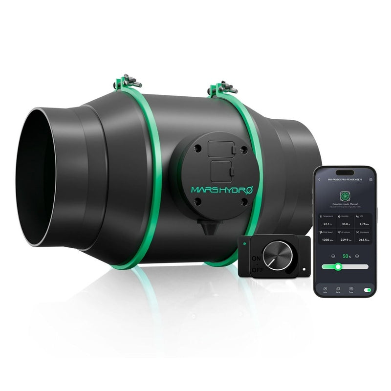 Mars Hydro iFresh 6" Inline Duct Fan Black and green cylindrical device with Marshydro branding and a smartphone displaying app interface.