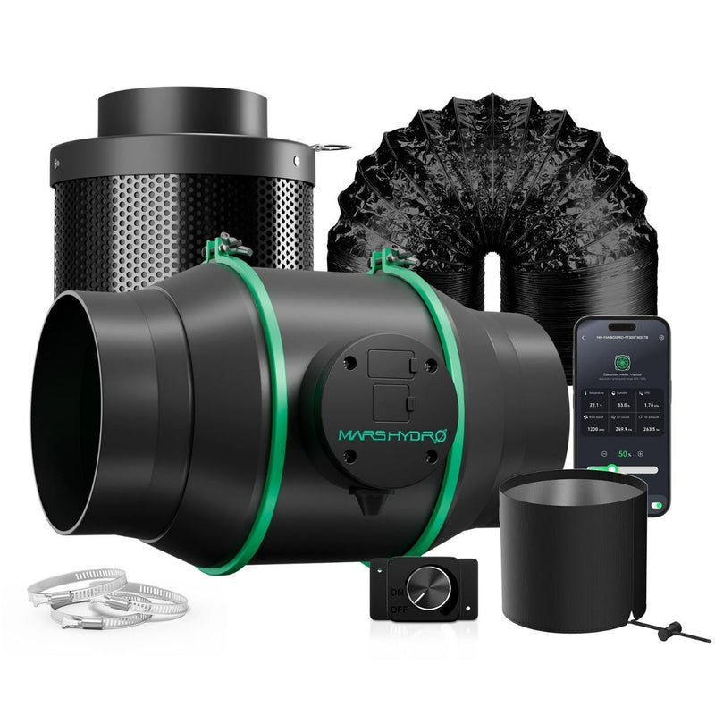 Mars Hydro iFresh 6" Inline Duct Fan & Carbon Filter Combo Black and green HVAC system with accessories on a white background