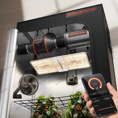 Spider Farmer 2'x4'x6' Grow Tent Kit – SF2000 EVO LED Spider Farmer indoor gardening system with LED lights, fan, and smartphone app on a white background