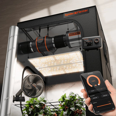 Spider Farmer 4'x4'x6.5' Grow Tent Kit – SF4000 EVO LED Spider Farmer grow tent with LED lights and a smartphone app control, on a white background.