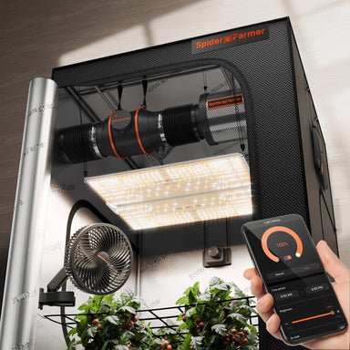 Spider Farmer 4'x4'x6.5' Grow Tent Kit – SF4000 EVO LED Spider Farmer grow tent with LED lights and a fan, accompanied by a smartphone app.
