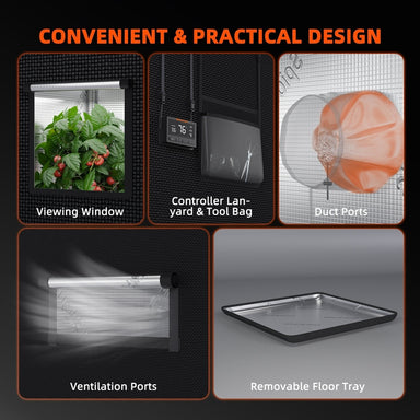 Spider Farmer® 8’x8’x6.5′ Grow Tent  Collage of features including viewing window, controller lanyard & tool bag, duct ports, ventilation ports, and removable floor tray on a black background.