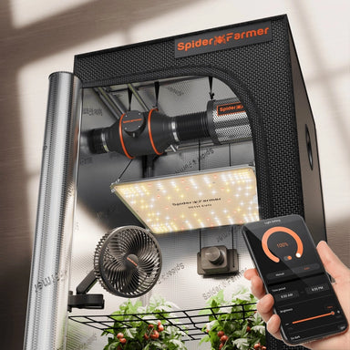 Spider Farmer 2x2 Grow Tent Kit – SF1000 EVO LED Spider Farmer indoor grow tent with LED lights and a smartphone app control, on a neutral background.