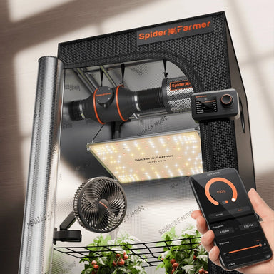 Spider Farmer SF1000 301H EVO Grow Tent Kit Spider Farmer grow light system with smartphone app control and plants underneath.