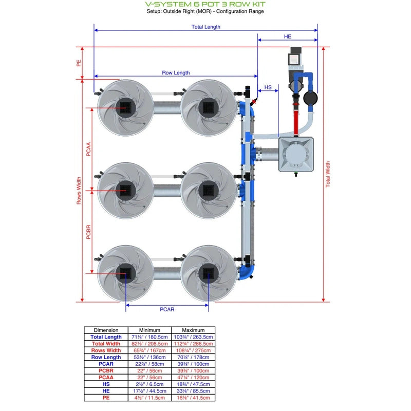 ALIEN Hydroponics V-SYSTEM 6 Pot 3 Row Hydroponic Kit mor #2 view with dimensions