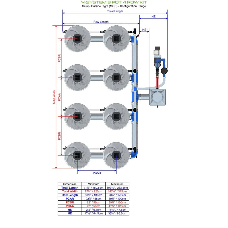 ALIEN Hydroponics V-SYSTEM 8 Pot 4 Row Hydroponic external header view outside right with dimensions
