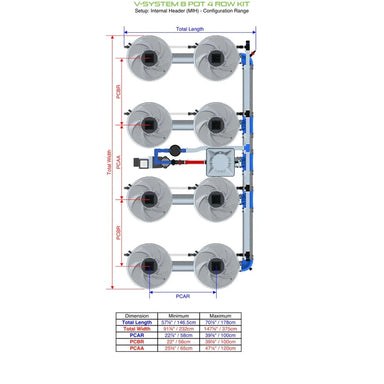 ALIEN Hydroponics V-SYSTEM 8 Pot 4 Row Hydroponic internal header view with dimensions