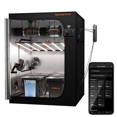 Spider Farmer Smart Hydroponic Grow Tent Kit G8600 800W LED 5’x5’x6.5′ Spider Farmer indoor gardening system with smartphone app on a white background