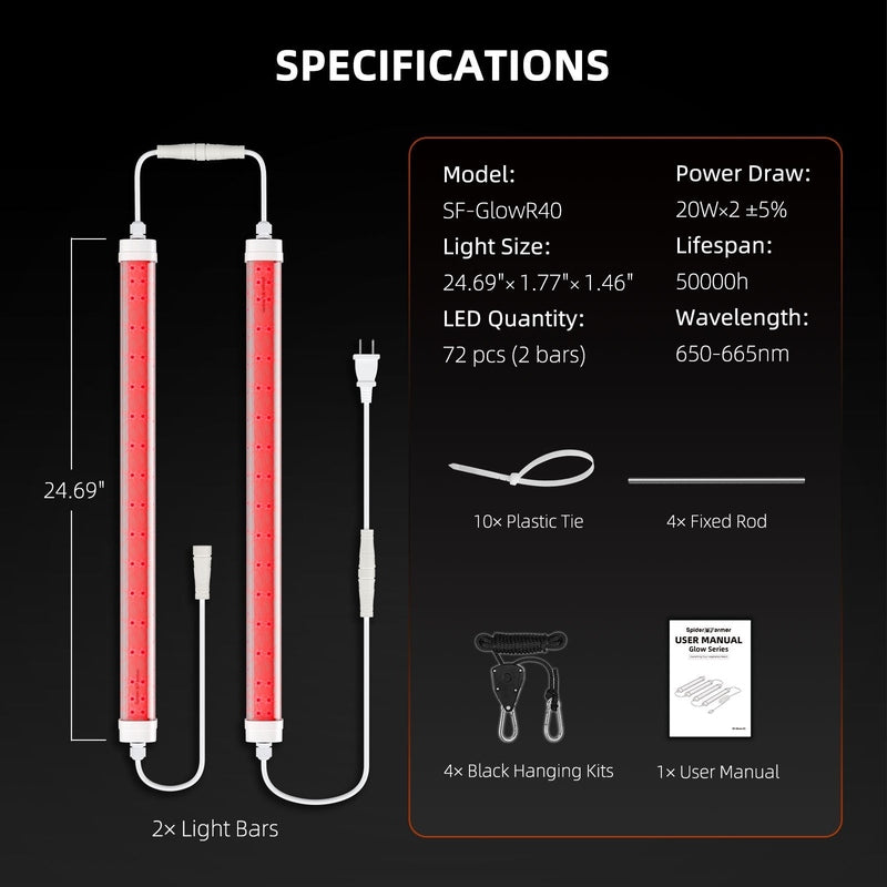 Spider Farmer GlowR40 SF-GlowR40 LED light bar with specifications on a black background