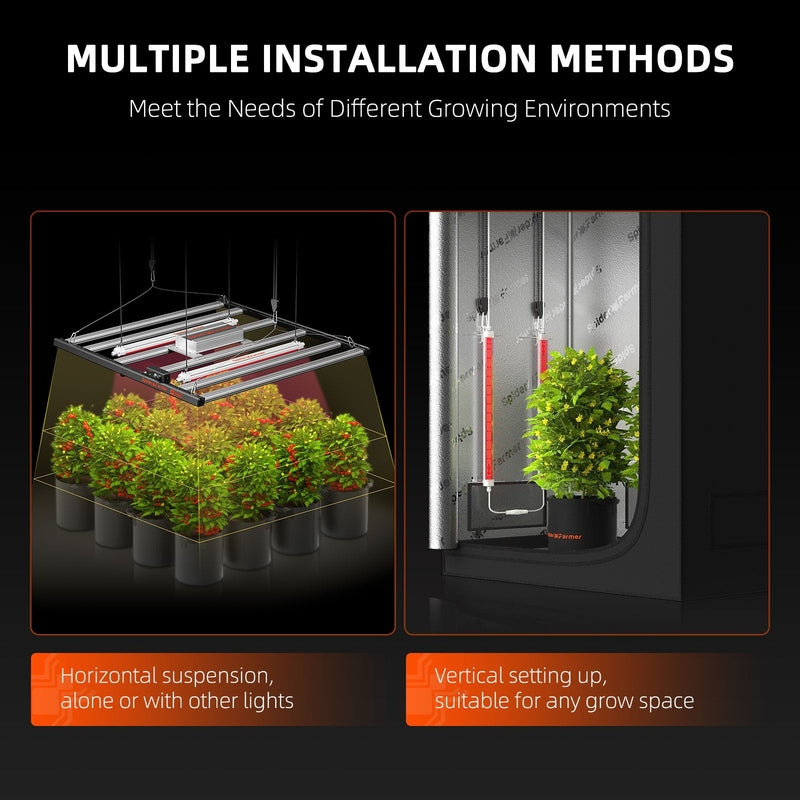 Spider Farmer GlowR40 Two installation methods for a grow light system on a black background.