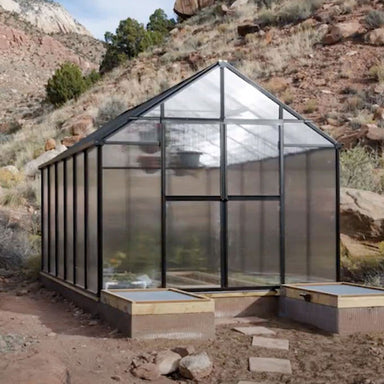Riverstone MONT Mojave Greenhouse Black Finish with solar Ventilation system in desert