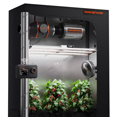 Spider Farmer 2.3'x4.6'x6.5' Smart Grow Tent Kit – SE4500 EVO LED Spider Farmer indoor gardening system with plants inside a black cabinet.