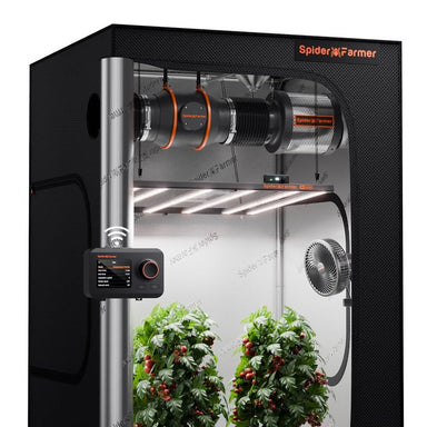 Spider Farmer 4'x4'x6.5' Smart Grow Tent Kit – SE5000 EVO LED Spider Farmer indoor gardening system with plants inside a grow tent.