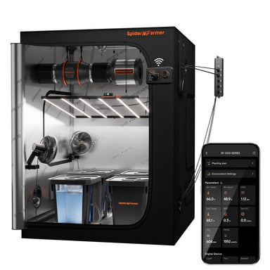 Spider Farmer Smart Hydroponic Grow Tent Kit  SE7000 730W LED 5’x5’x6.5′ Spider Farmer indoor farming system with smartphone app interface on a white background