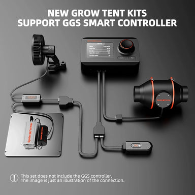 Spider Farmer 2x2 Grow Tent Kit – SF1000 EVO LED GGS smart controller and related equipment on a dark background