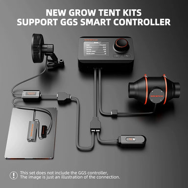 Spider Farmer 4'x4'x6.5' Grow Tent Kit – SF4000 EVO LED orange and black electronic components on a dark background with text about GGS Smart Controller.