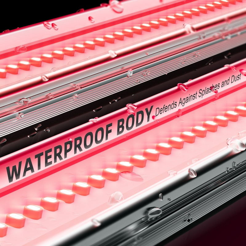 Spider Farmer UV60 & IR30 LED Grow Light Bars Set Close-up of a pink waterproof product with text on a black background