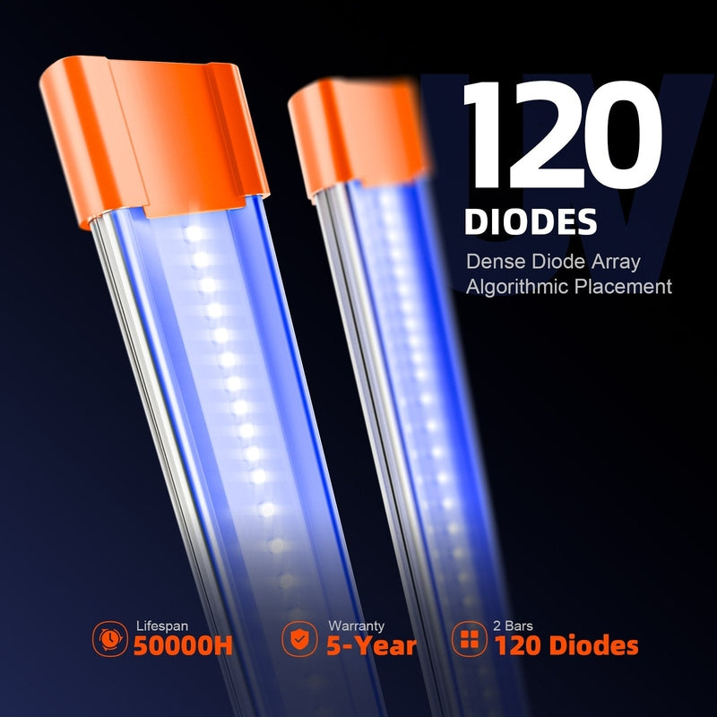 Spider Farmer UV30 & IR16 LED Grow Light Bars Set Two LED tubes with orange caps on a dark background, displaying '120 Diodes' and product features.