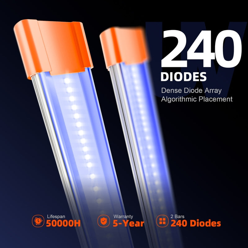 Spider Farmer UV60 & IR30 LED Grow Light Bars Set Two LED bars with orange caps on a dark background, displaying '240 Diodes' and product features.
