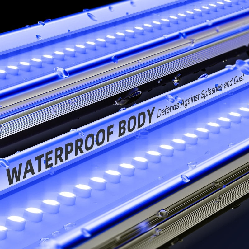 Spider Farmer UV60 & IR30 LED Grow Light Bars Set Close-up of a razor with 'Waterproof Body' text on a black background