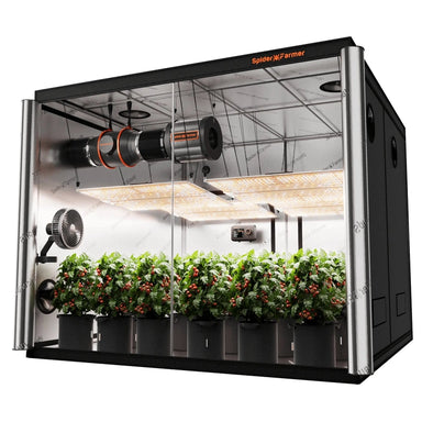 Spider Farmer 8'x8'x6.5' Complete Grow Tent Kit with GGS Smart Control – 4x SF4000 EVO LEDs Spider Farmer indoor grow tent with plants inside on a white background