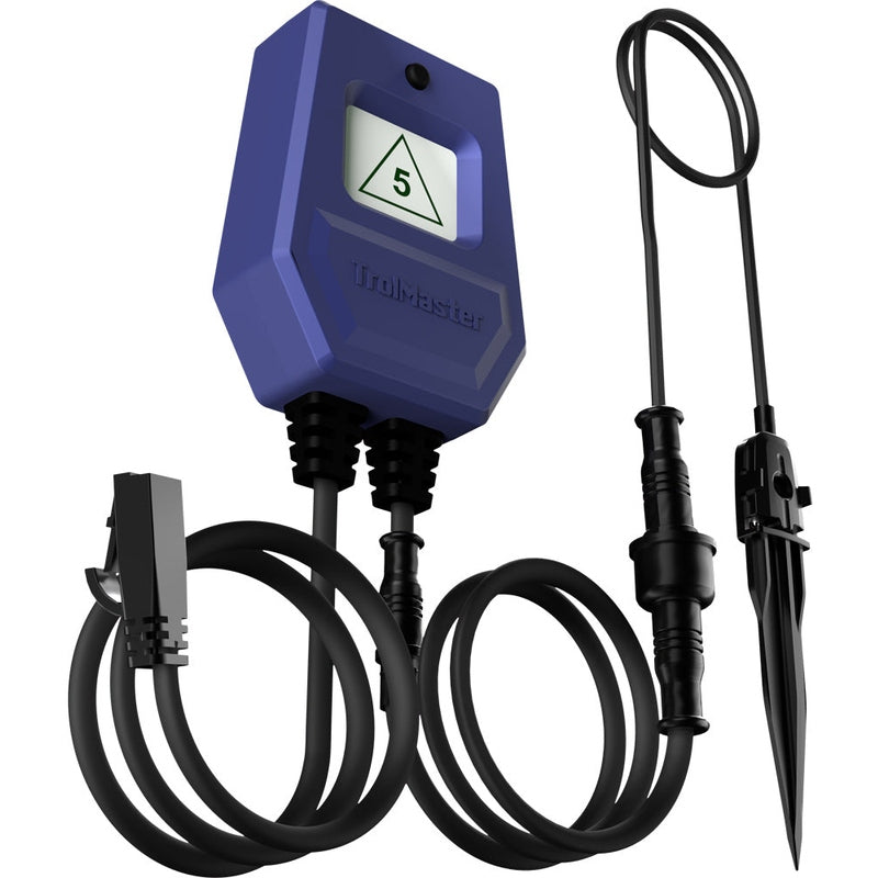 TrolMaster Aqua-X Water Detector + Touch Spot for Flood Alert (WD-1) with a blue housing, black cables, and a display screen, alongside a touch spot and an RJ12 splitter.
