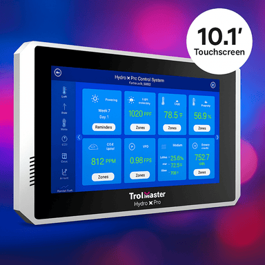 TrolMaster Hydro-X Pro Control System (HCS-2) – 10″ Touchscreen, Multi-Condition Environmental Automation on a colorful gradient background