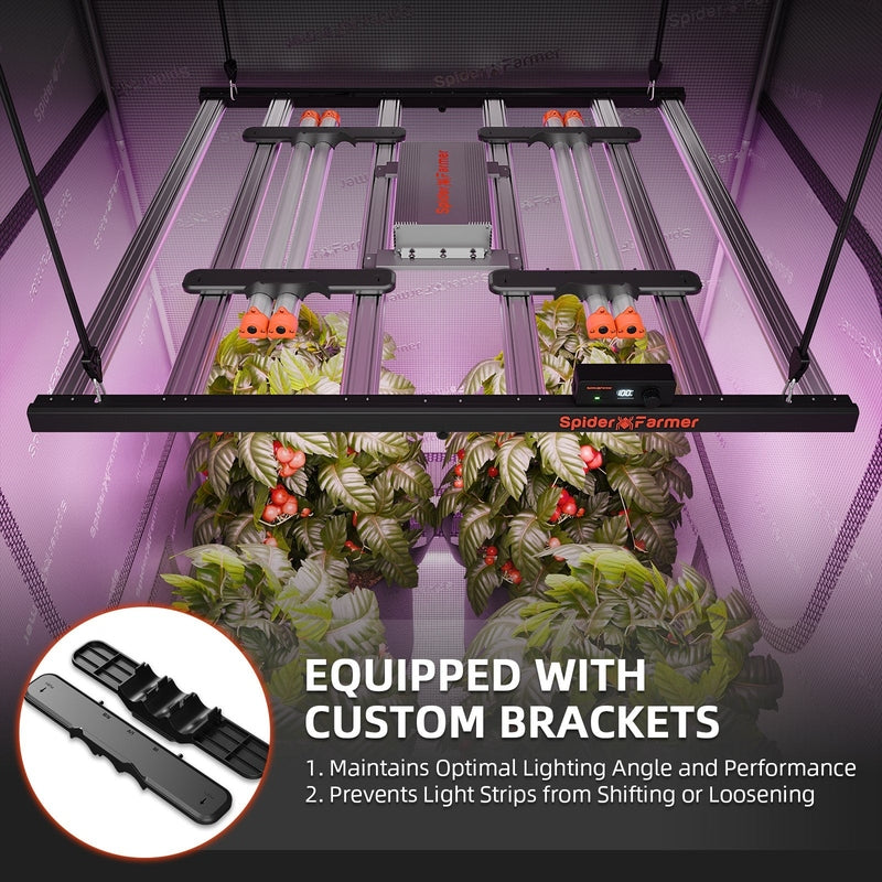 Spider Farmer UV30 & IR16 LED Grow Light Bars Set Spider Farmer LED grow light system with custom brackets on a purple background