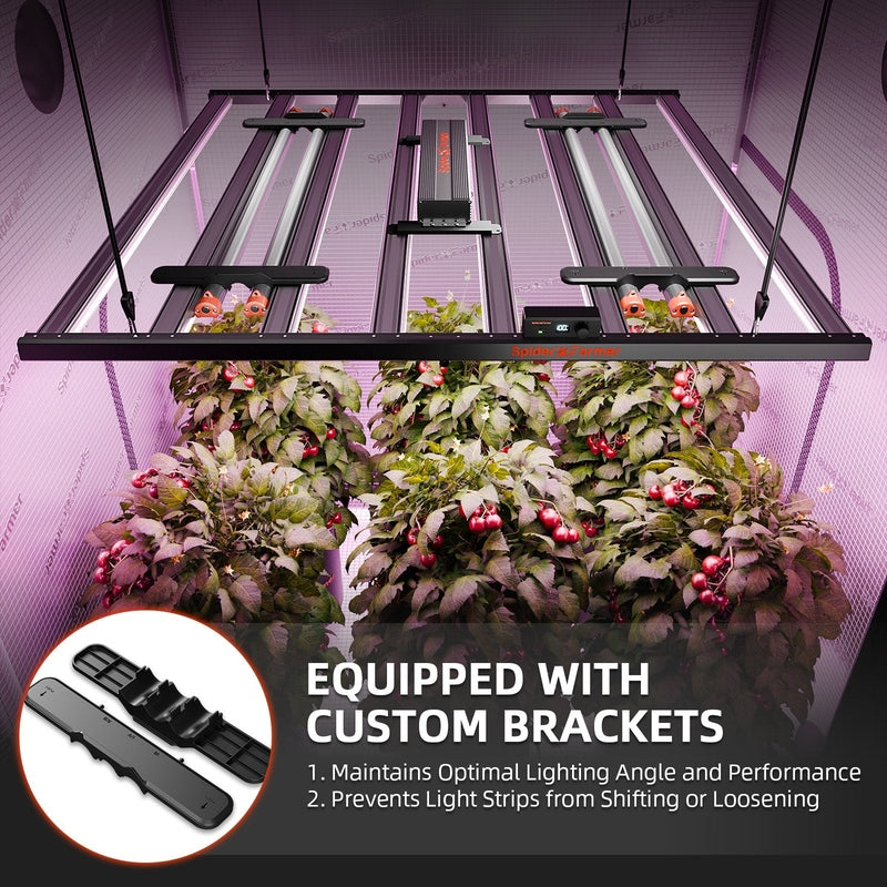 Spider Farmer UV60 & IR30 LED Grow Light Bars Set Growing lights with custom brackets on a grow tent, featuring plants below.