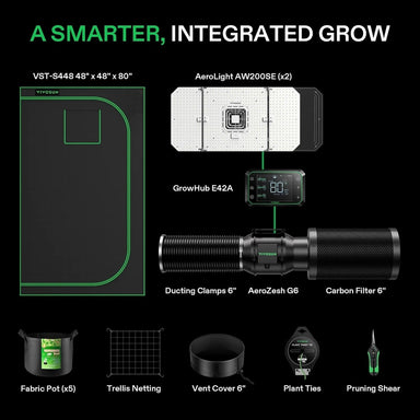 Vivosun Smart Grow Tent Kit GIY-SGS-44 4x4, 4-Plant Complete System 2x 200W AeroLight tent includes showing what is in the kit
