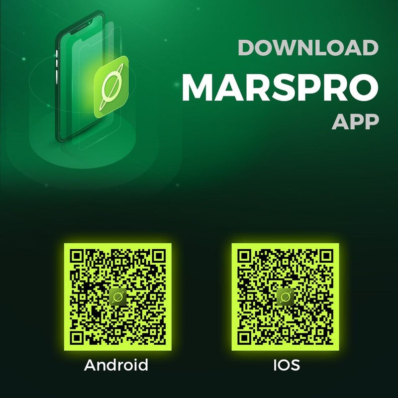 Mars Hydro FC 8000-EVO – 800W Samsung LM301H EVO, Full Spectrum Grow Light Promotional graphic for Marspro app with smartphone icon, QR codes for Android and iOS, and call to action text.