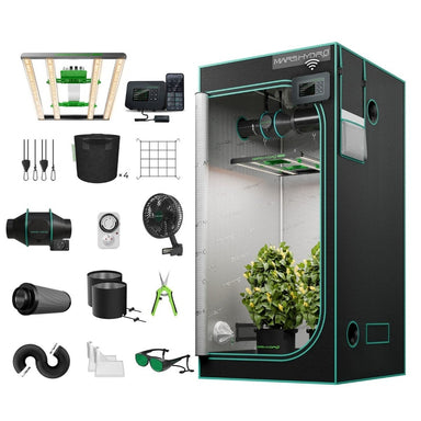 Mars Hydro FC3000-EVO 300W Grow Tent Kit Hydroponic gardening system with various components on a white background