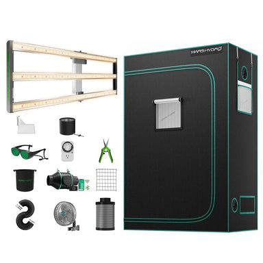 Mars Hydro FC4000 EVO Grow Tent Kit  Collection of indoor gardening equipment including a grow tent, lights, fans, and tools on a white background.