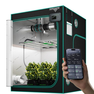 Mars Hydro FC4800 EVO Smart Grow Tent Kit – 480W LED, 4x4 Setup Smart indoor gardening system with a hand holding a smartphone displaying app controls.