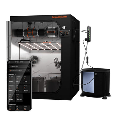 Spider Farmer Smart Grow Tent Kit 5′x5′x6.5′ G7000 Led Lighting Black Spider Farmer grow tent with smartphone app interface on a white background