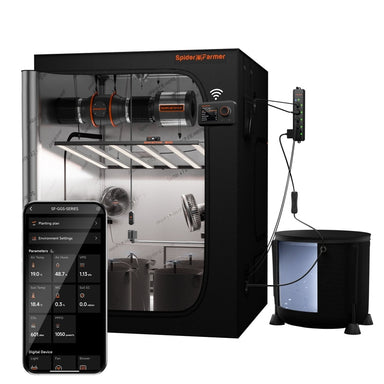 Spider Farmer Smart Grow Tent Kit 5′x5′x6.5′ with G8600 800W LED Black grow tent with digital control panel and smartphone app on a white background