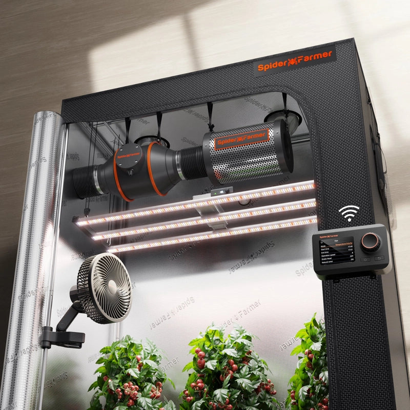 Spider Farmer indoor gardening system with plants underneath