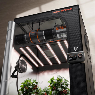 Spider Farmer G5000 4'x4' Smart Grow Tent Kit – 480W Full Spectrum LED Spider Farmer LED grow light with plants underneath on a neutral background