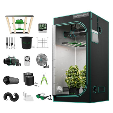 Mars Hydro FC3000-EVO 300W Grow Tent Kit 3.3x3.3 Hydroponic gardening system with grow tent, LED lights, and various accessories on a white background.