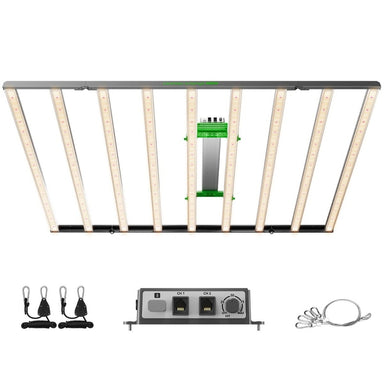 Mars Hydro FC-E1200W 1200W LED Grow Light Hanging grow light system with control panel and accessories on a white background