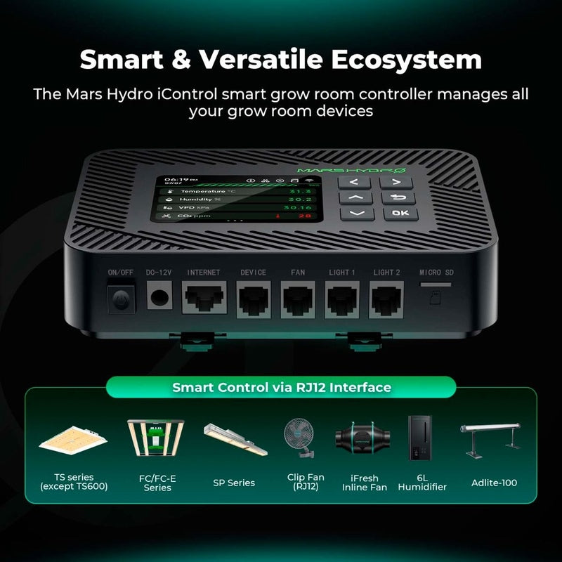 Mars Hydro iControl Smart Grow Room Controller – WiFi App Control for Lights Mars Hydro iControl smart grow room controller with device compatibility list on a dark background