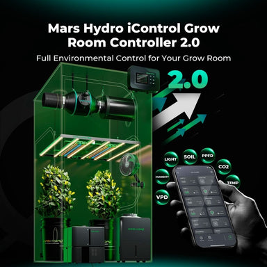 Mars Hydro iControl Smart Grow Room Controller – WiFi App Control for Lights Mars Hydro iControl Grow Room Controller 2.0 with smart device and plants on a dark background