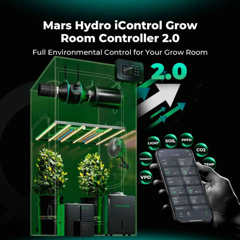 Mars Hydro iControl Smart Grow Room Controller – WiFi App Control for Lights Mars Hydro iControl Grow Room Controller 2.0 with smart device and plants on a dark background