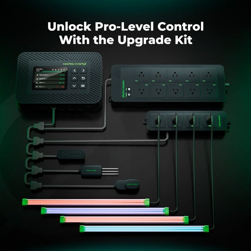 Mars Hydro iControl Smart Grow Room Controller – WiFi App Control for Lights Electronic upgrade kit with control panel, cables, and lights on a dark background
