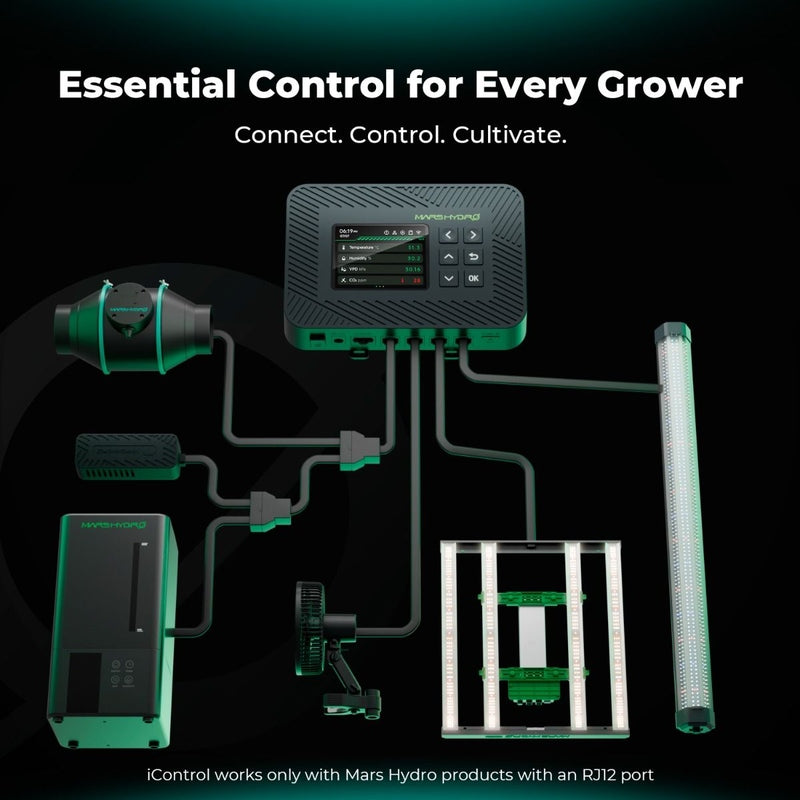 Mars Hydro iControl Smart Grow Room Controller – WiFi App Control for Lights Mars Hydro iControl system with connected components on a dark background