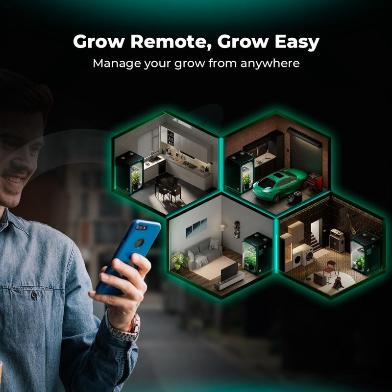 Mars Hydro iControl Smart Grow Room Controller – WiFi App Control for Lights Person holding a phone with a digital interface showing various indoor settings, promoting remote management of indoor spaces.