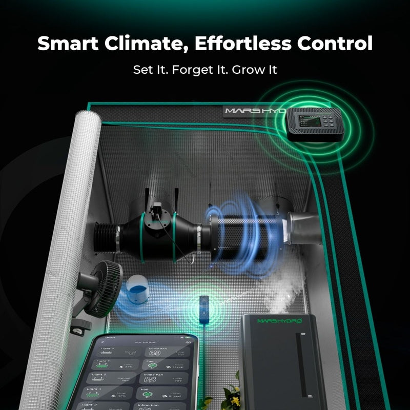 Mars Hydro iControl Smart Grow Room Controller – WiFi App Control for Lights Smart climate control system with digital display and green lighting on a black background