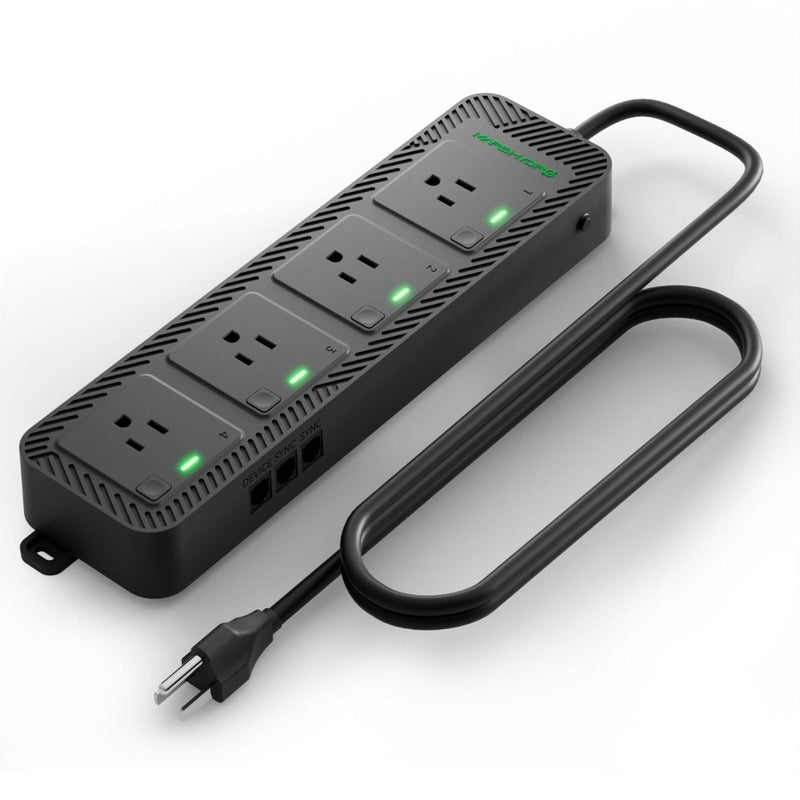 Mars Hydro iHub-4AC 2.0 Smart Power Strip Black power strip with multiple outlets and a visible plug on a white background